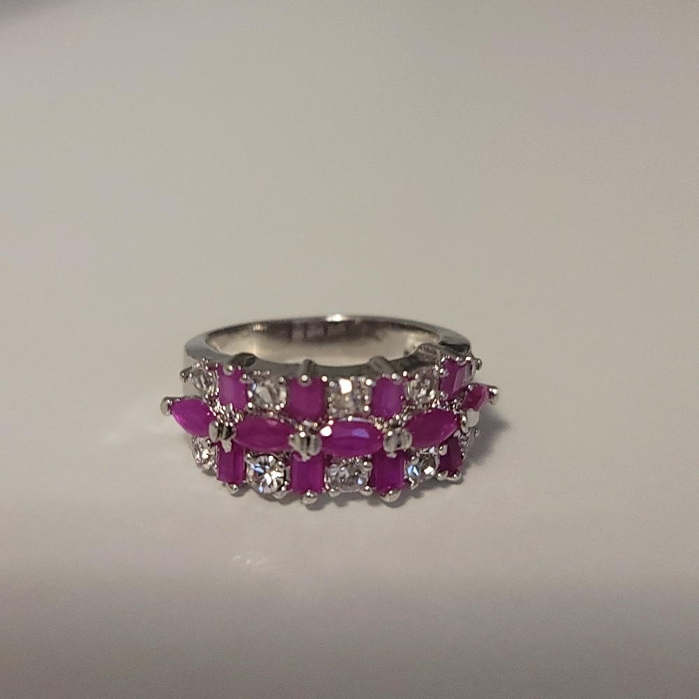 Silver Faux Diamond and Magenta Gemstone Ring